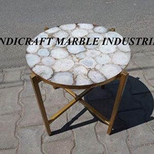 Natural White Agate Stone Round 21" x 21" Inch Table with Gold Foil Border & Metal Base, White Agate Stone Coffee Table & Metal Stand, White Agate Coffee Table, Piece Of Conversation, Family HeirLoom