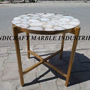 Natural White Agate Stone Round 21" x 21" Inch Table with Gold Foil Border & Metal Base, White Agate Stone Coffee Table & Metal Stand, White Agate Coffee Table, Piece Of Conversation, Family HeirLoom