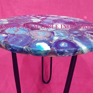 24" Inch Round Blue Agate Coffee Table with Hair Pin Style Metal Base, Agate Round Coffee Table, Agate Side Table Home Decor