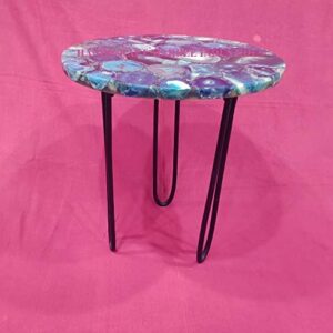 18" Inch Round Blue Agate Coffee Table with Hair Pin Style Metal Base, Agate Round Coffee Table, Agate Side Table Home Decor