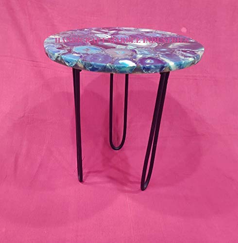 18" Inch Round Blue Agate Coffee Table with Hair Pin Style Metal Base, Agate Round Coffee Table, Agate Side Table Home Decor