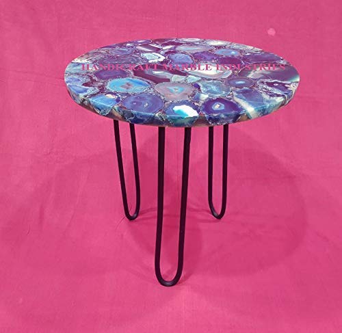 18" Inch Round Blue Agate Coffee Table with Hair Pin Style Metal Base, Agate Round Coffee Table, Agate Side Table Home Decor