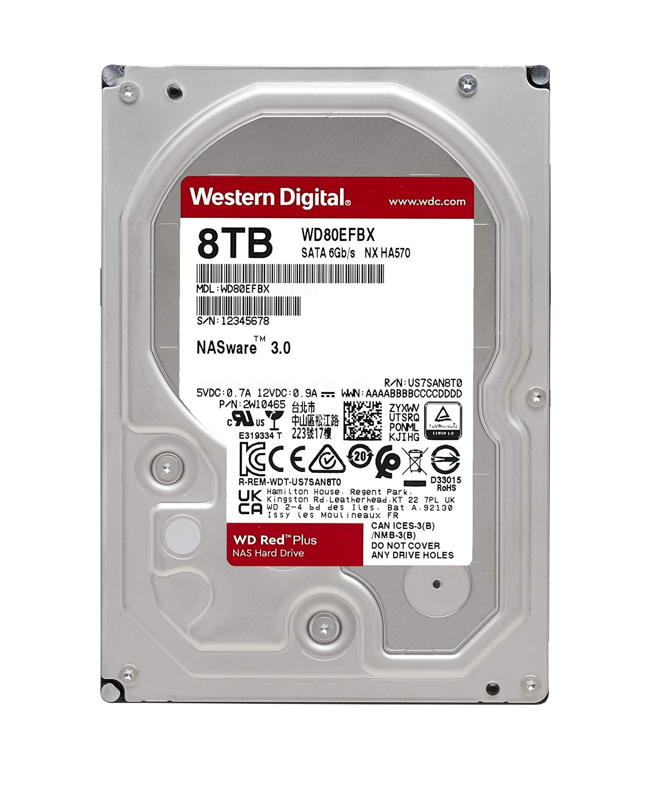 Western Digital 8TB WD Red Plus NAS Internal Hard Drive HDD - 7200 RPM, SATA 6 Gb/s, CMR, 256 MB Cache, 3.5" - WD80EFBX