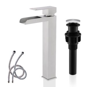 kenes tall bathroom vessel sink faucet, brushed nickel tall waterfall bathroom faucet, single handle waterfall bathroom faucet lavatory vanity faucet with pop up drain & water supply hoses lj-9035a