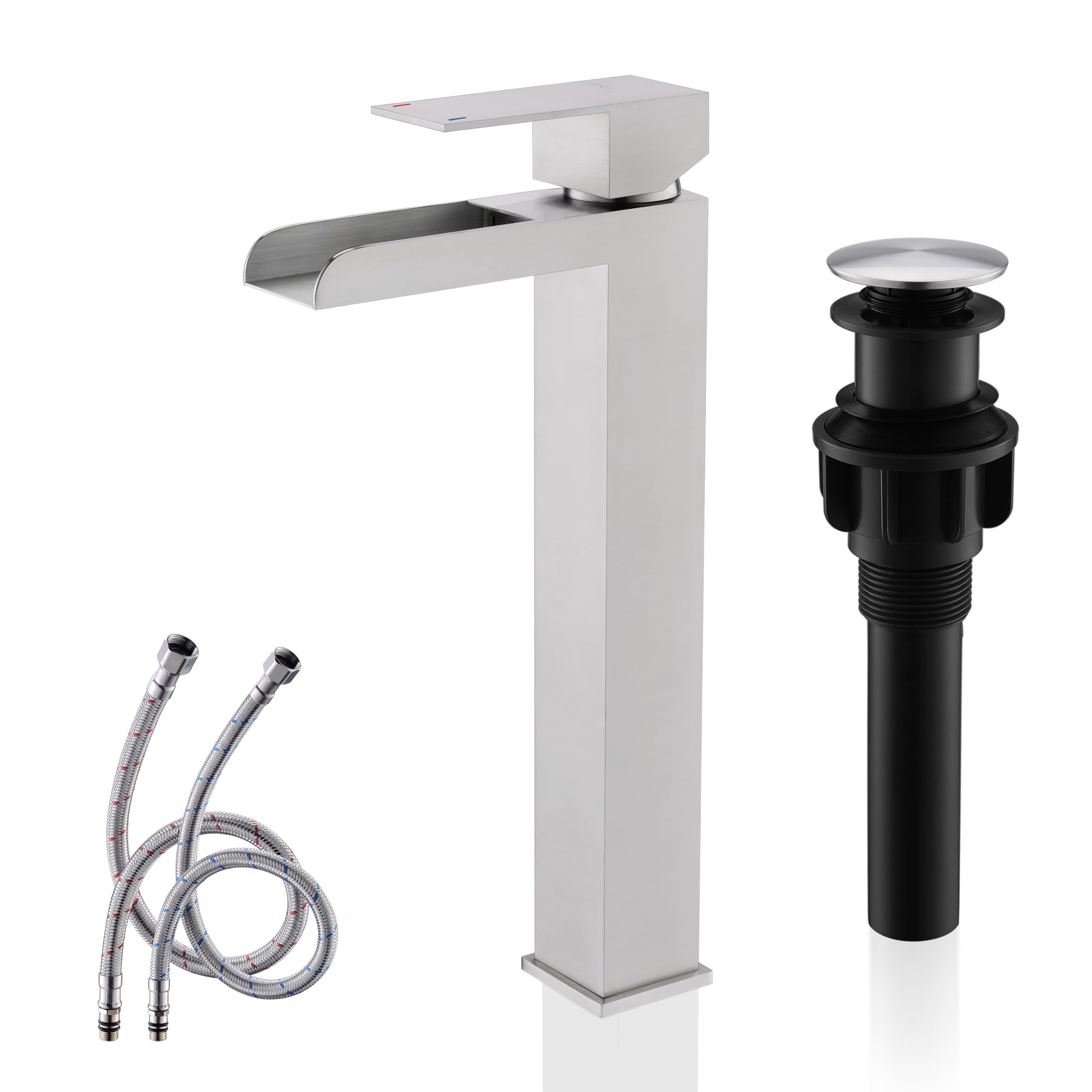 KENES Tall Bathroom Vessel Sink Faucet, Brushed Nickel Tall Waterfall Bathroom Faucet, Single Handle Waterfall Bathroom Faucet Lavatory Vanity Faucet with Pop Up Drain & Water Supply Hoses LJ-9035A