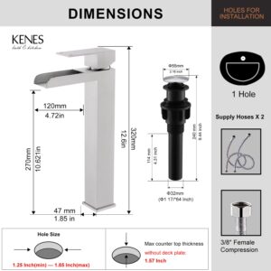 KENES Tall Bathroom Vessel Sink Faucet, Brushed Nickel Tall Waterfall Bathroom Faucet, Single Handle Waterfall Bathroom Faucet Lavatory Vanity Faucet with Pop Up Drain & Water Supply Hoses LJ-9035A