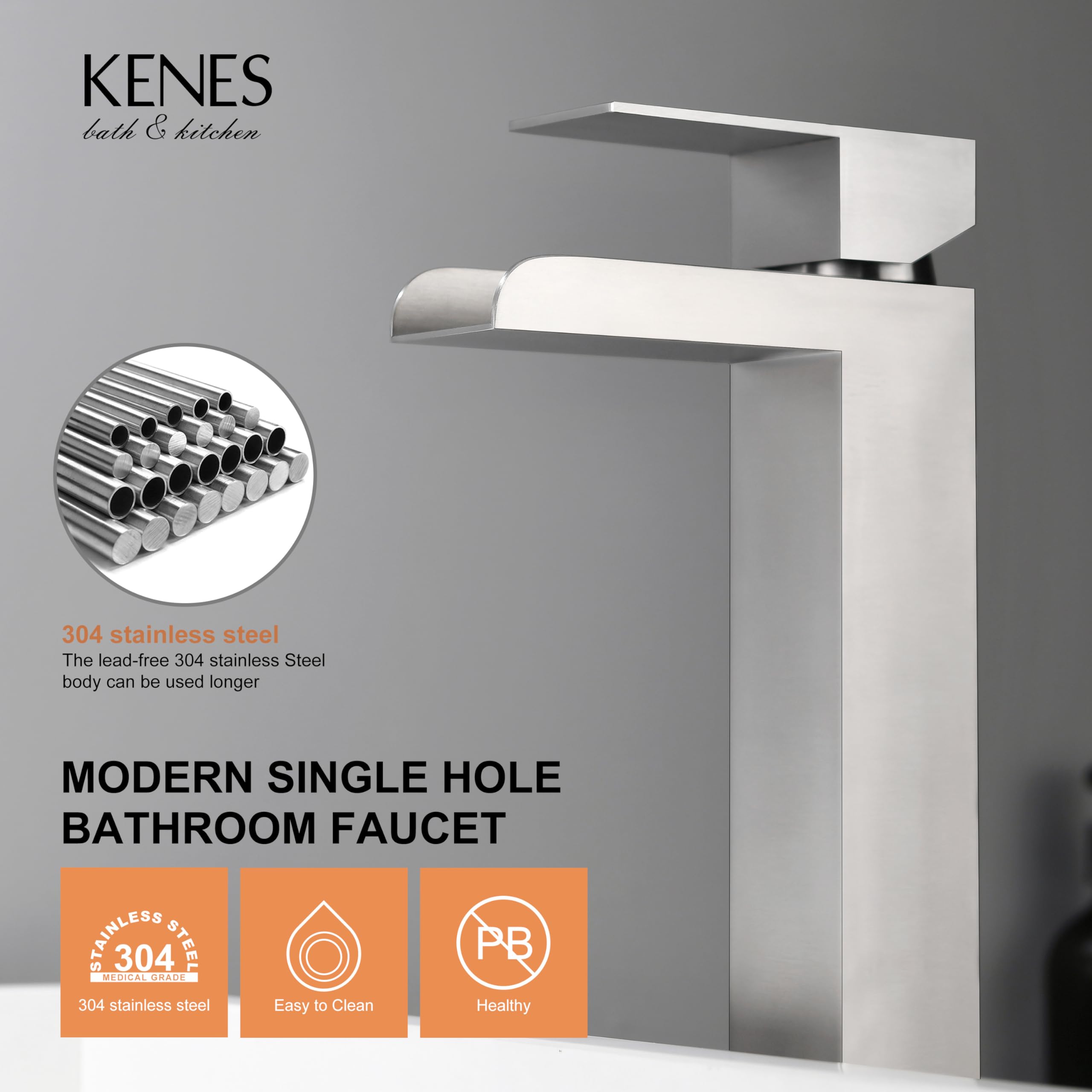 KENES Tall Bathroom Vessel Sink Faucet, Brushed Nickel Tall Waterfall Bathroom Faucet, Single Handle Waterfall Bathroom Faucet Lavatory Vanity Faucet with Pop Up Drain & Water Supply Hoses LJ-9035A