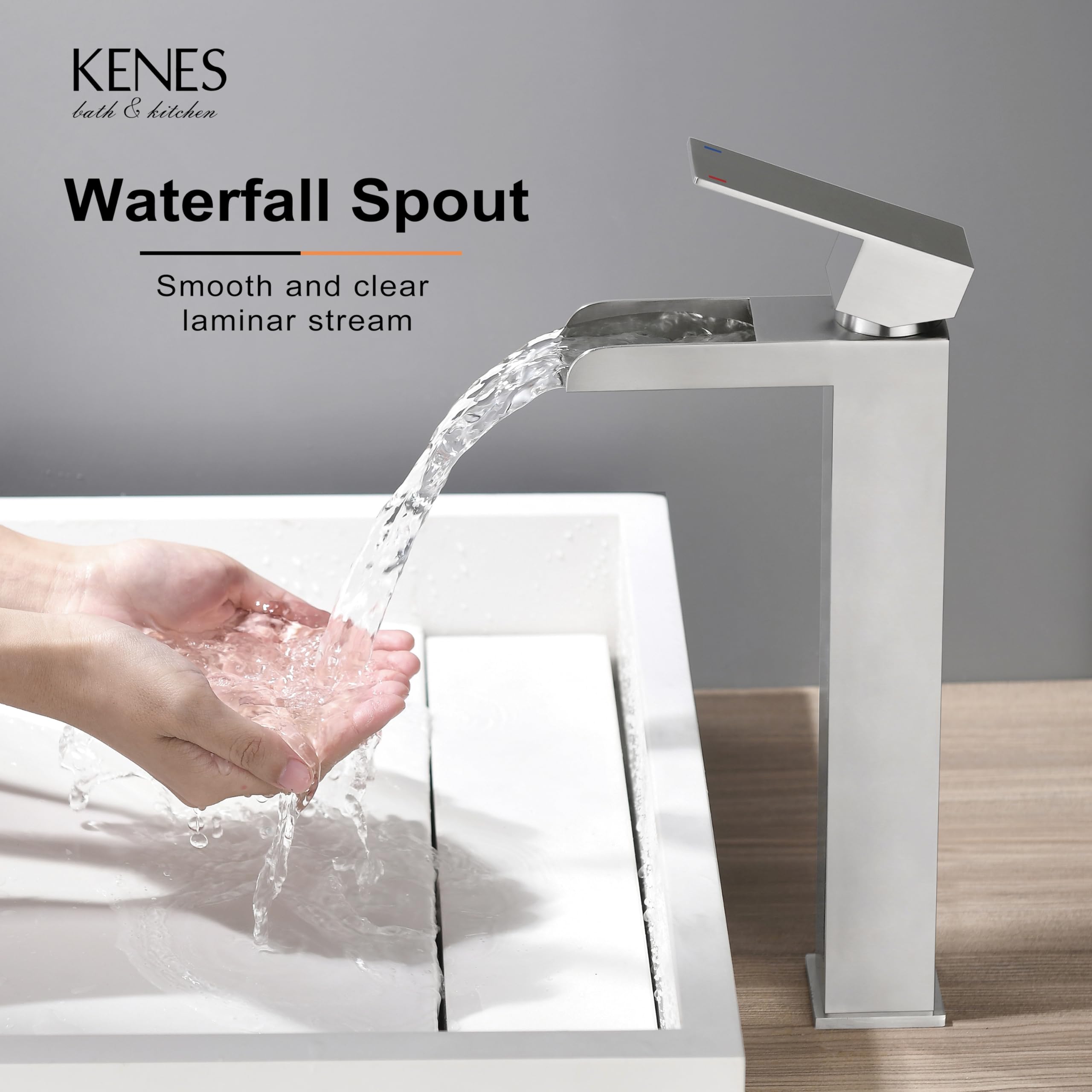 KENES Tall Bathroom Vessel Sink Faucet, Brushed Nickel Tall Waterfall Bathroom Faucet, Single Handle Waterfall Bathroom Faucet Lavatory Vanity Faucet with Pop Up Drain & Water Supply Hoses LJ-9035A