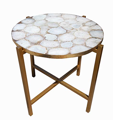 Natural White Agate Stone Round 24" x 24" Inch Table with Gold Foil Border & Metal Base, White Agate Stone Coffee Table & Metal Stand, White Agate Coffee Table, Piece Of Conversation, Family HeirLoom