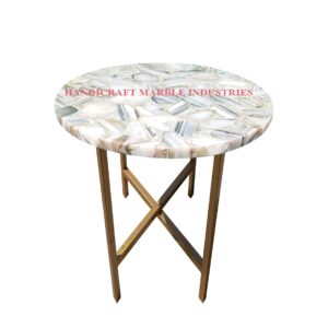 Natural Grey White Brown Agate Round 24" x 24" Inch Round Coffee Table with Metal Base, Stone Coffee Table, Round Agate Coffee Table Top with Metal Stand, Piece Of Conversation, Family Heir Loom