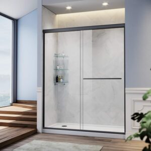 sunny shower glass door semi frameless sliding glass shower door, 1/4" clear glass doors for bathroom, black finish 58.5-60 in.w x 72 in.h