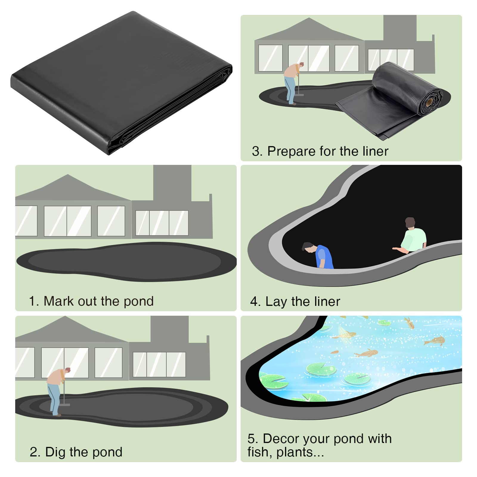 hygger Pond Liner - 7 by 10ft Fish Pond Liners for Outdoor Ponds, 14.5 Mil PVC Soft Pond Skins for Fish Ponds, Water Features, Garden Water Fountains, Waterfalls