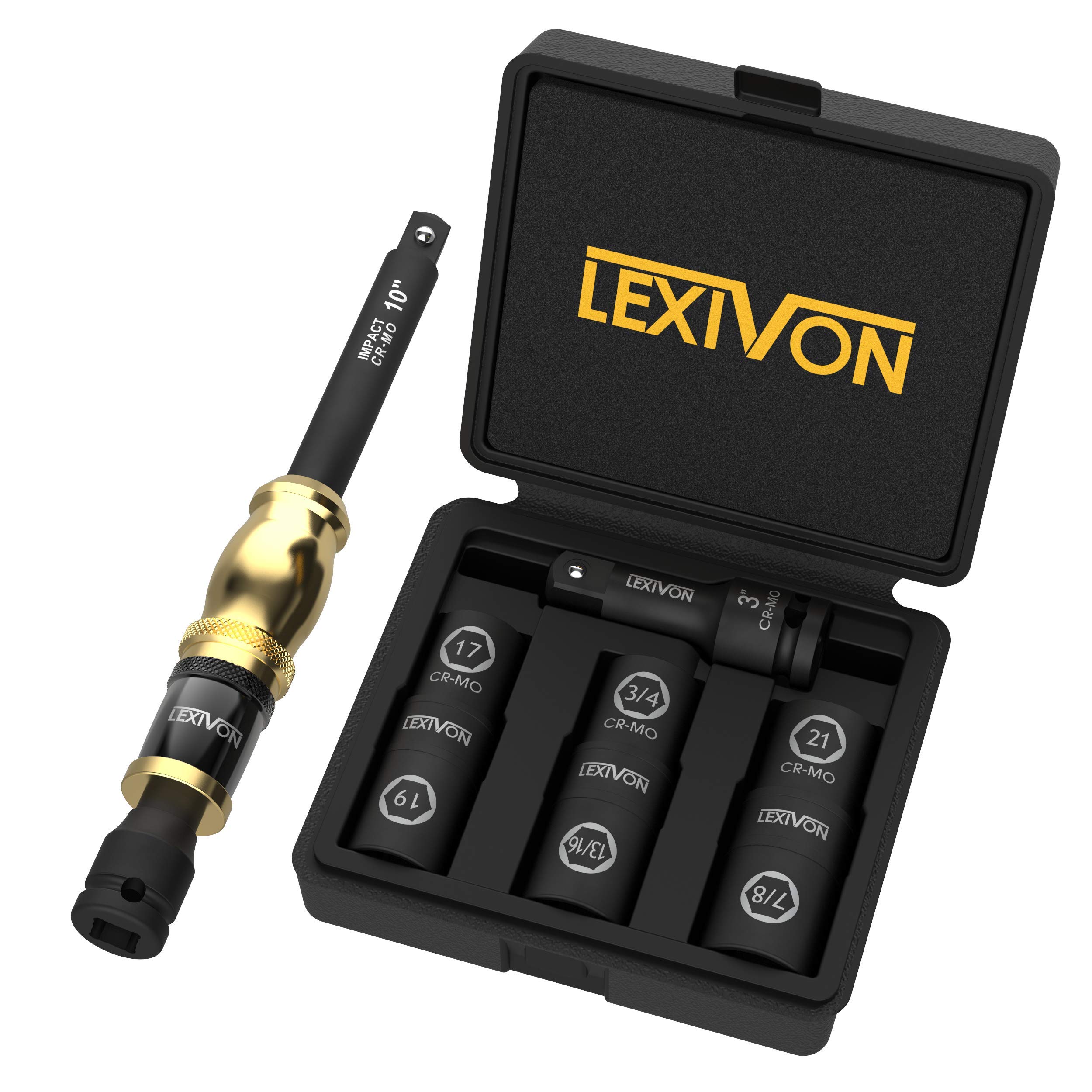 LEXIVON 10-Inch Speed Collar Extension Bar and 1/2-Inch Lug Nut Impact Socket Set | 6 Total Lug Nut Sizes. Cr-Mo Steel = Fully Impact Grade