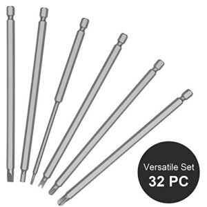 InPower Extra Long Security Power Bit Set, 32 Piece 6" Long Security Screwdriver Bit Set, 1/4" Shank, S2 Steel