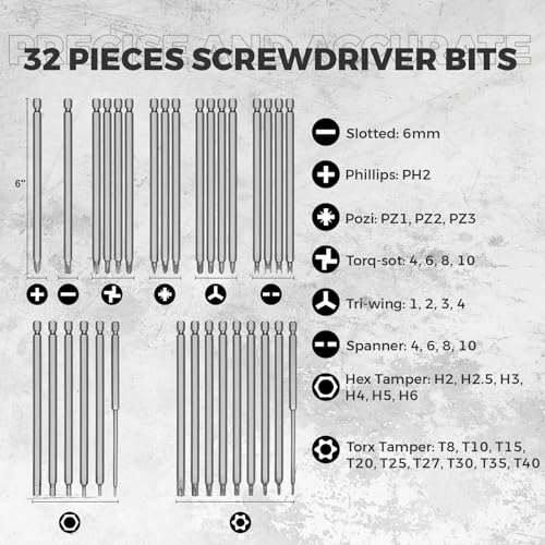 InPower Extra Long Security Power Bit Set, 32 Piece 6" Long Security Screwdriver Bit Set, 1/4" Shank, S2 Steel