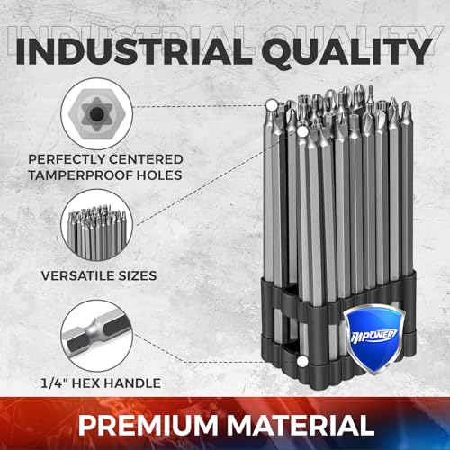 InPower Extra Long Security Power Bit Set, 32 Piece 6" Long Security Screwdriver Bit Set, 1/4" Shank, S2 Steel