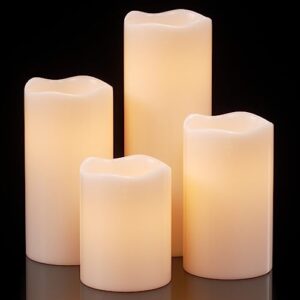 eldnacele waterproof flameless flickering candles with 6 hours timer, indoor outdoor white led plastic battery operated pillar candles pack of 4 for wedding festival white, d3”x h4” 5” 6” 8”