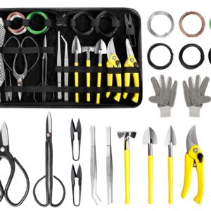 MOSFiATA Bonsai Tools Set 19 Pcs, High Carbon Steel Scissor Cutter Shears Set, Gardening Trimming Tools Set with Pruning Shears, Gardening gloves, Training Wire, Garden Plant Tools with PU Leather Bag