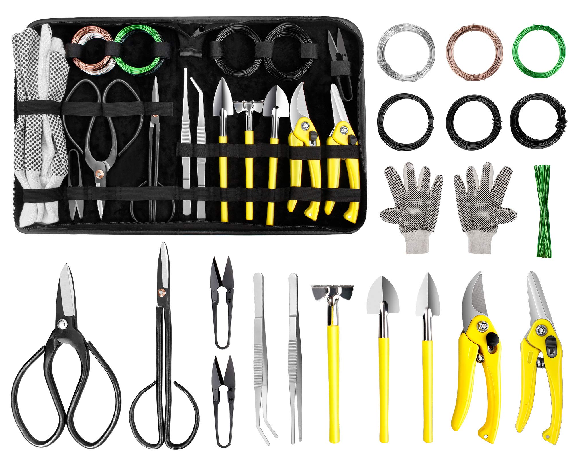 MOSFiATA Bonsai Tools Set 19 Pcs, High Carbon Steel Scissor Cutter Shears Set, Gardening Trimming Tools Set with Pruning Shears, Gardening gloves, Training Wire, Garden Plant Tools with PU Leather Bag