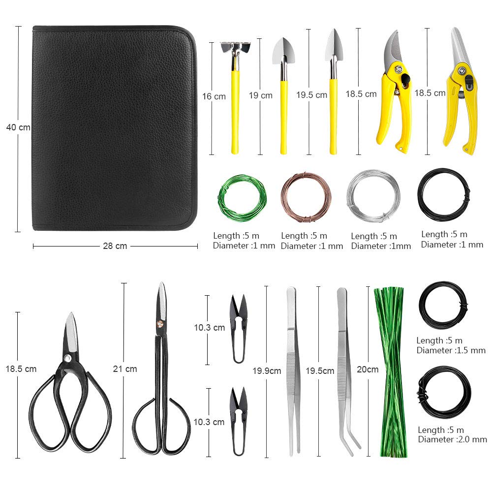 MOSFiATA Bonsai Tools Set 19 Pcs, High Carbon Steel Scissor Cutter Shears Set, Gardening Trimming Tools Set with Pruning Shears, Gardening gloves, Training Wire, Garden Plant Tools with PU Leather Bag