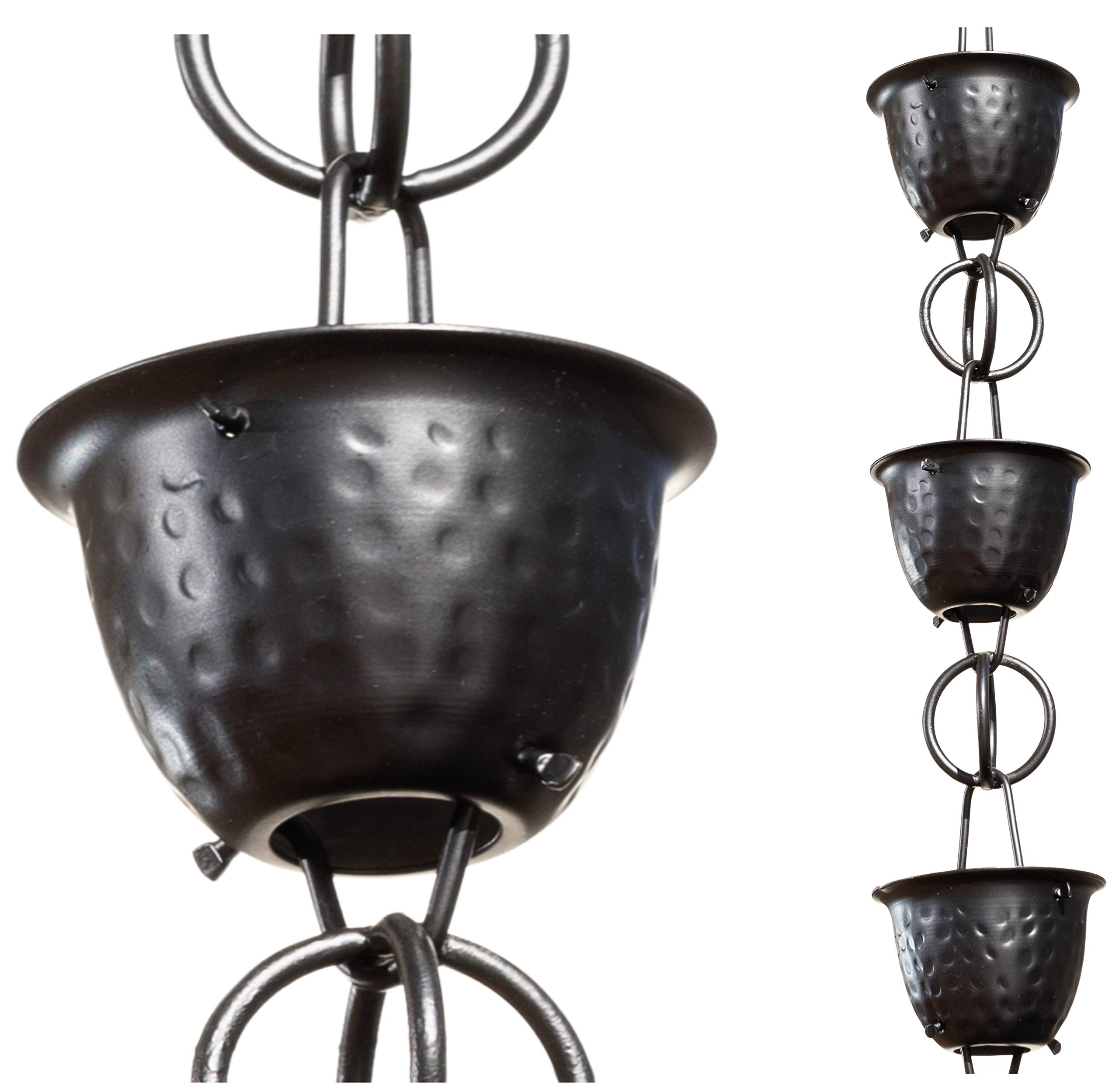 Monarch Rain Chains 18106 Aluminum Hammered Cup, 8-1/2 Feet Length Replacement Downspout for Gutters, Rain Chain 8.5 Ft, Black