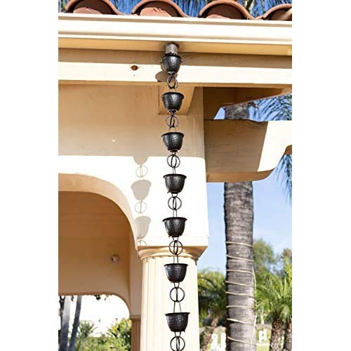 Monarch Rain Chains 18106 Aluminum Hammered Cup, 8-1/2 Feet Length Replacement Downspout for Gutters, Rain Chain 8.5 Ft, Black