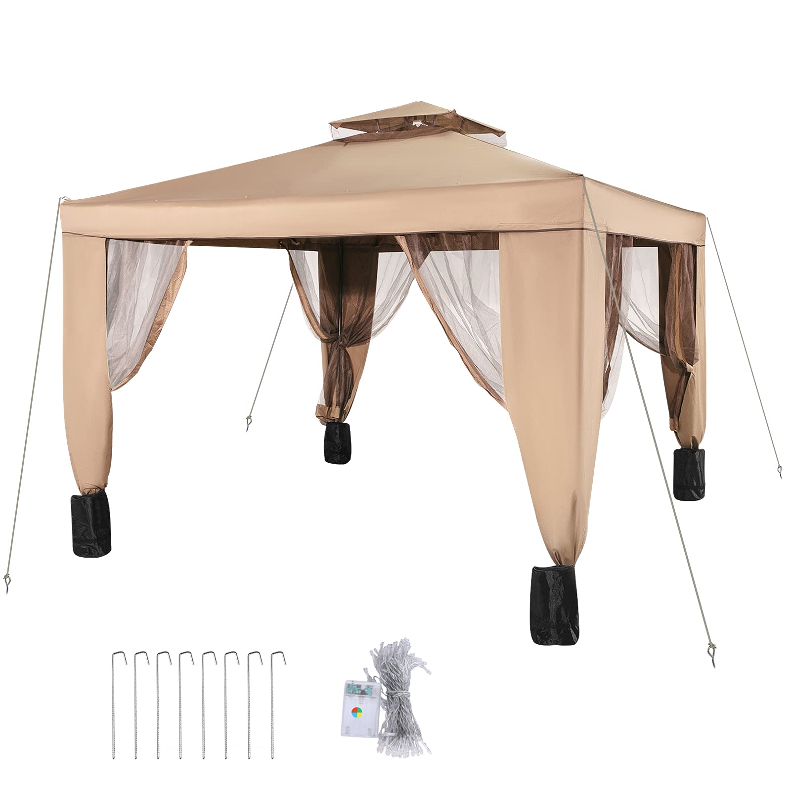 Happybuy Outdoor Canopy Gazebo Tent, Portable Canopy Shelter with 10'x10' Large Shade Space for Party, Backyard, Patio Lawn and Garden, 4 Sandbags, and Netting Included, Brown