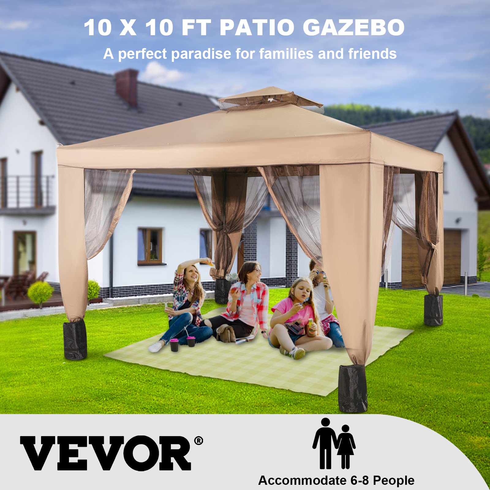 Happybuy Outdoor Canopy Gazebo Tent, Portable Canopy Shelter with 10'x10' Large Shade Space for Party, Backyard, Patio Lawn and Garden, 4 Sandbags, and Netting Included, Brown