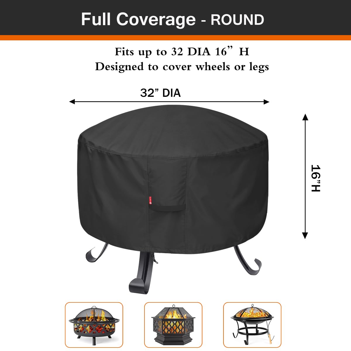 Round Gas Fire Pit / Table Cover,Fits 22-32 inch Firepit/Bowl,Heavy Duty 600D Polyester with PVC Coating Material, 100% Weather Resistant&Waterproof for Backyard, Porch, Camping, BBQ (Round-32”Dx16”H)