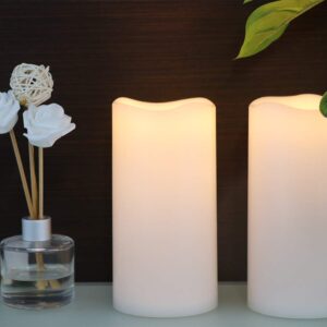 GenSwin Waterproof Outdoor Flameless Candles with Remote Timer, Battery Operated Large Flickering LED Pillar Candles for Indoor Outdoor Lanterns, Won’t melt, Long-Lasting(White, Set of 2, 8” x 4”)