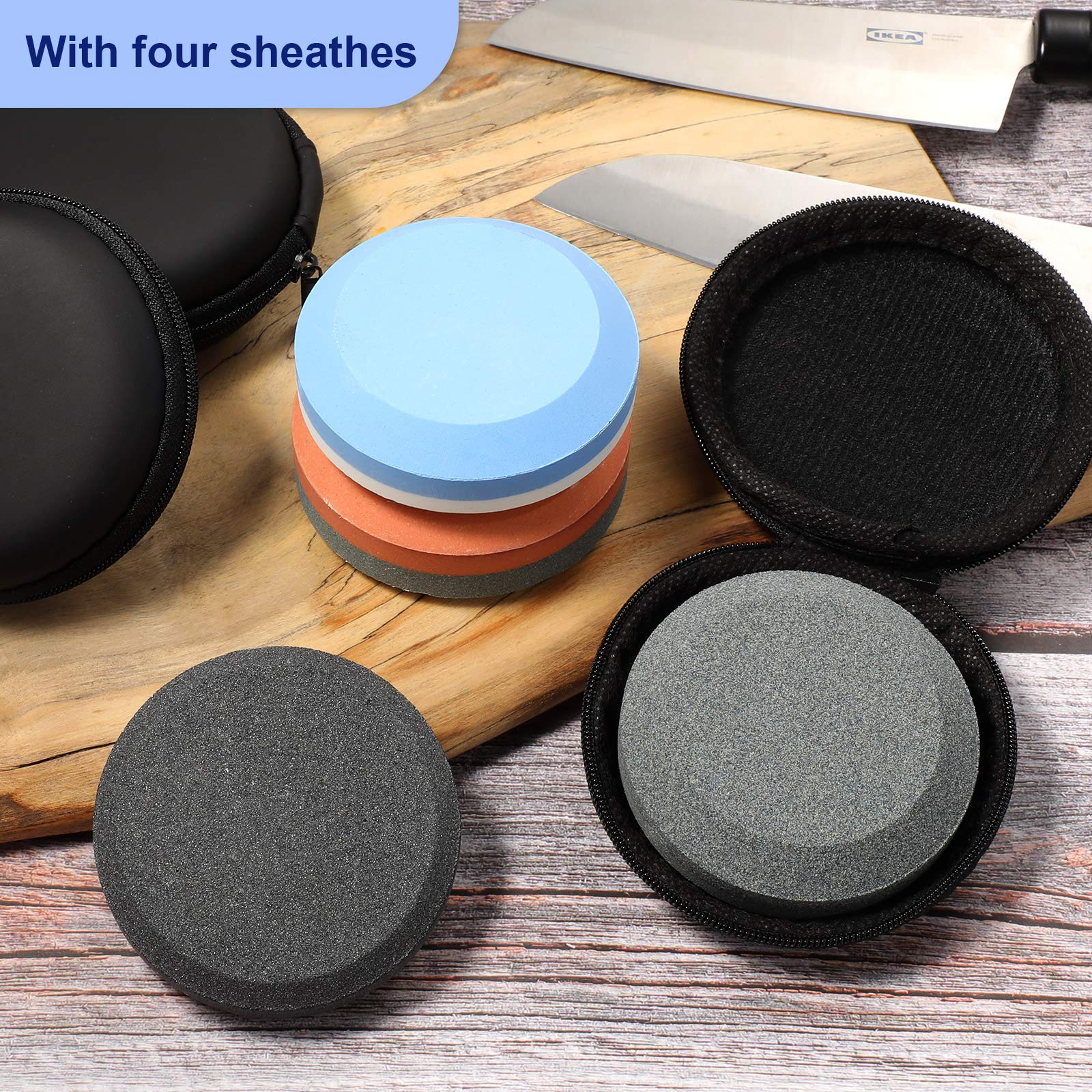 8 Pieces Axe Sharpening Stone Tool with Sheath, Ax Hatchet Knife Sharpener Puck, Small Multipurpose Whetstone Sharpening Tool, Dual Grit Camping Hatchet Sharpening Stone Disk