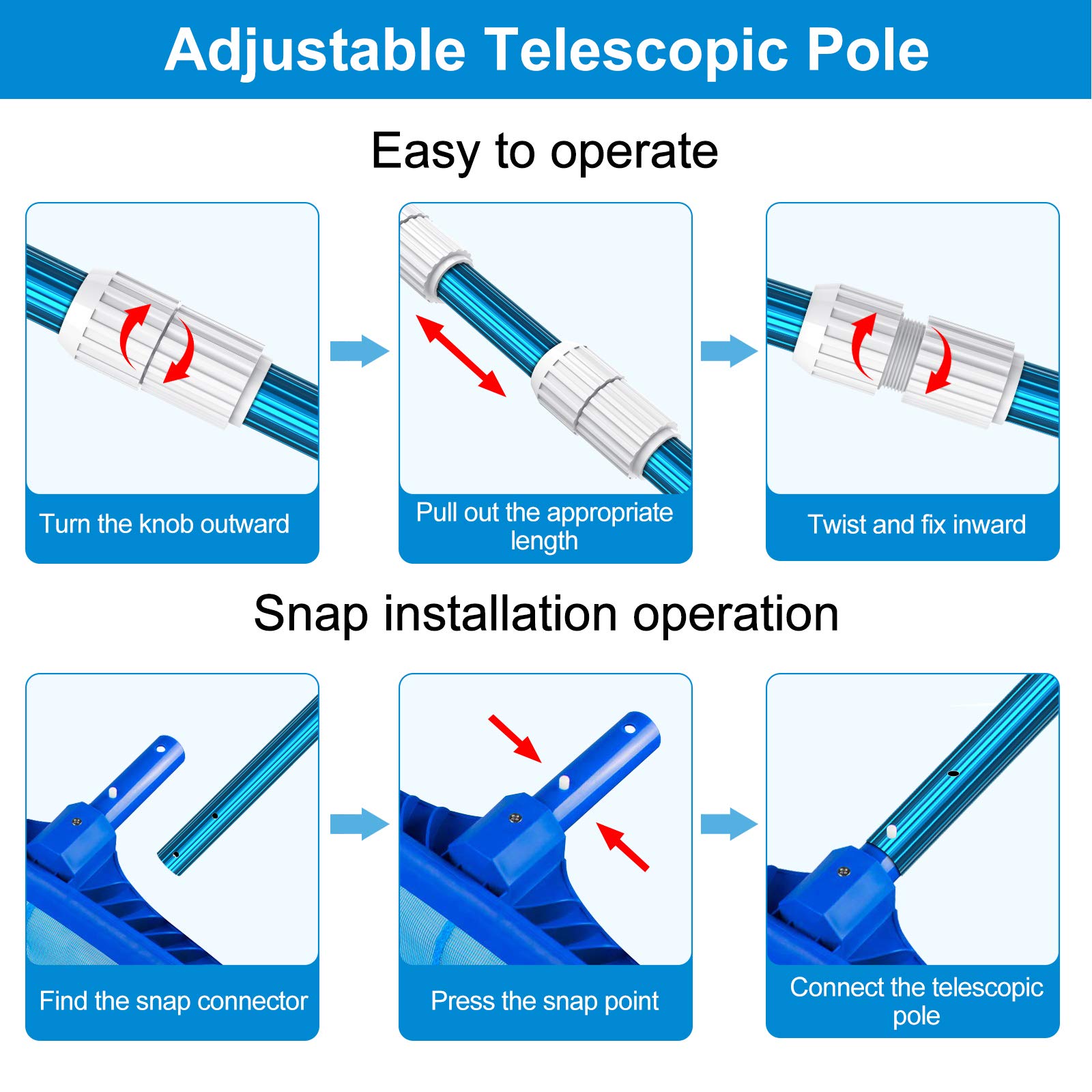 CKE Upgraded 15 Feet Thicken 1.3mm Blue Aluminum Telescoping Swimming Pool Pole,Adjustable 3 Piece Expandable Step-Up,Attach Connect Skimmer Nets,Rakes,Brushes,Vacuum Heads with Hoses, Universal 1.25"