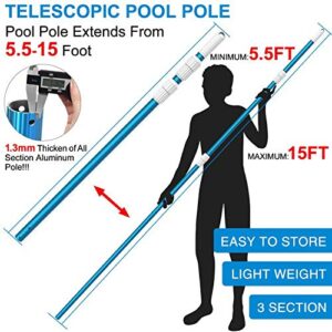 CKE Upgraded 15 Feet Thicken 1.3mm Blue Aluminum Telescoping Swimming Pool Pole,Adjustable 3 Piece Expandable Step-Up,Attach Connect Skimmer Nets,Rakes,Brushes,Vacuum Heads with Hoses, Universal 1.25"