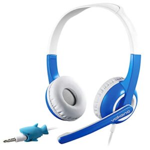 volkano kid-friendly volume-controlled headset, adjustable microphone for elearning, home school, 5.9 inch cable w/adorable animal cable protector, smartphones, computers [blue] - chat junior series