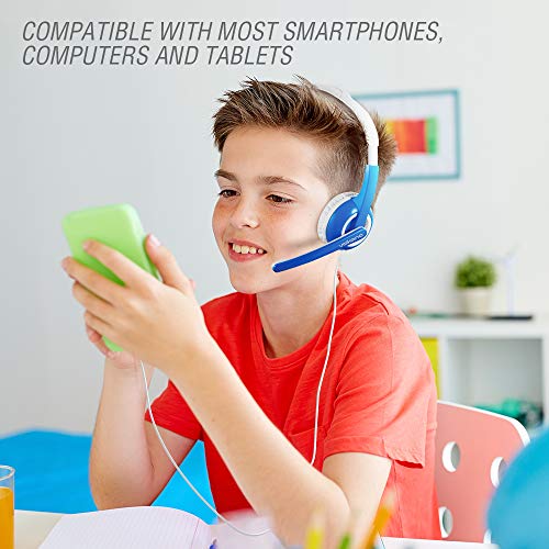 Volkano Kid-Friendly Volume-Controlled Headset, Adjustable Microphone for Elearning, Home School, 5.9 Inch Cable w/Adorable Animal Cable Protector, Smartphones, Computers [Blue] - Chat Junior Series