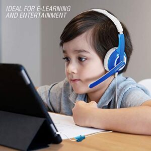 Volkano Kid-Friendly Volume-Controlled Headset, Adjustable Microphone for Elearning, Home School, 5.9 Inch Cable w/Adorable Animal Cable Protector, Smartphones, Computers [Blue] - Chat Junior Series