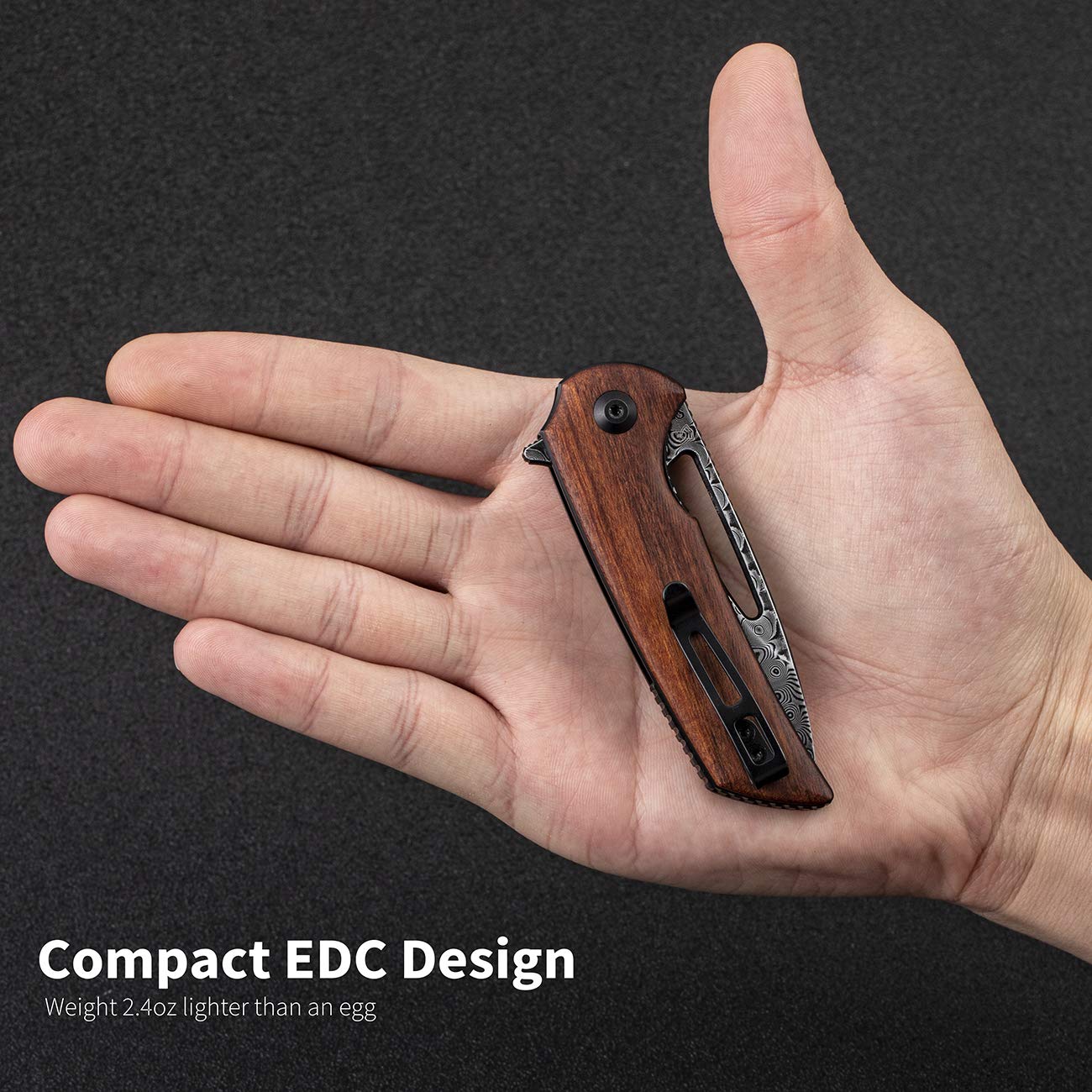 CIVIVI Odium Small Damascus Folding Knife –2.65" Flipper Pocket knife for EDC Camping, Cuibourtia Wood Handle, Ball Bearings Pivot, Reversible Deep Carry Clip C2010DS-1