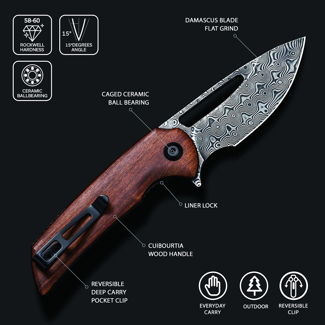 CIVIVI Odium Small Damascus Folding Knife –2.65" Flipper Pocket knife for EDC Camping, Cuibourtia Wood Handle, Ball Bearings Pivot, Reversible Deep Carry Clip C2010DS-1