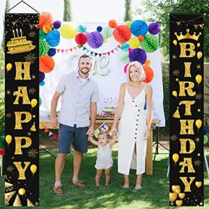 LioNergy Happy Birthday Banner Black and Gold Hanging Birthday Porch Sign for Outdoor Indoor Happy Birthday Party Decration Supplies