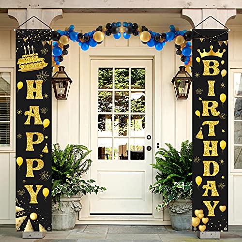 LioNergy Happy Birthday Banner Black and Gold Hanging Birthday Porch Sign for Outdoor Indoor Happy Birthday Party Decration Supplies