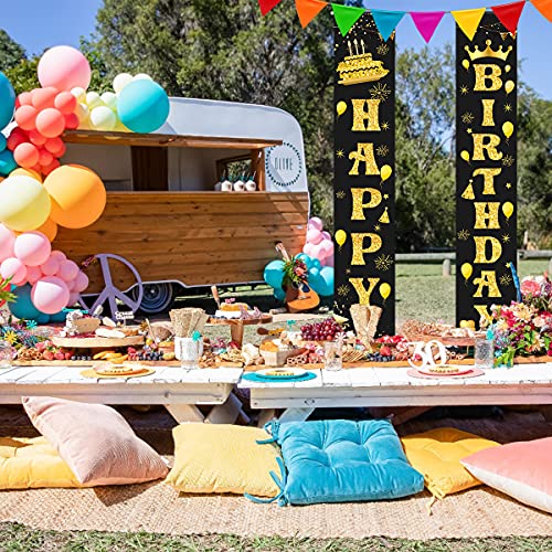 LioNergy Happy Birthday Banner Black and Gold Hanging Birthday Porch Sign for Outdoor Indoor Happy Birthday Party Decration Supplies
