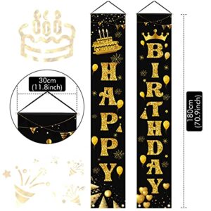 LioNergy Happy Birthday Banner Black and Gold Hanging Birthday Porch Sign for Outdoor Indoor Happy Birthday Party Decration Supplies