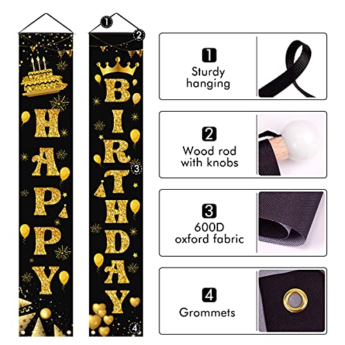 LioNergy Happy Birthday Banner Black and Gold Hanging Birthday Porch Sign for Outdoor Indoor Happy Birthday Party Decration Supplies