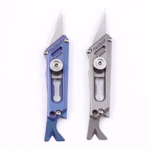 tacray titanium edc utility knife with a bottle opener and in the tail, pocket knife box cutter with retractable and replaceable blade, mini knife for multiple cutting tasks（blue)