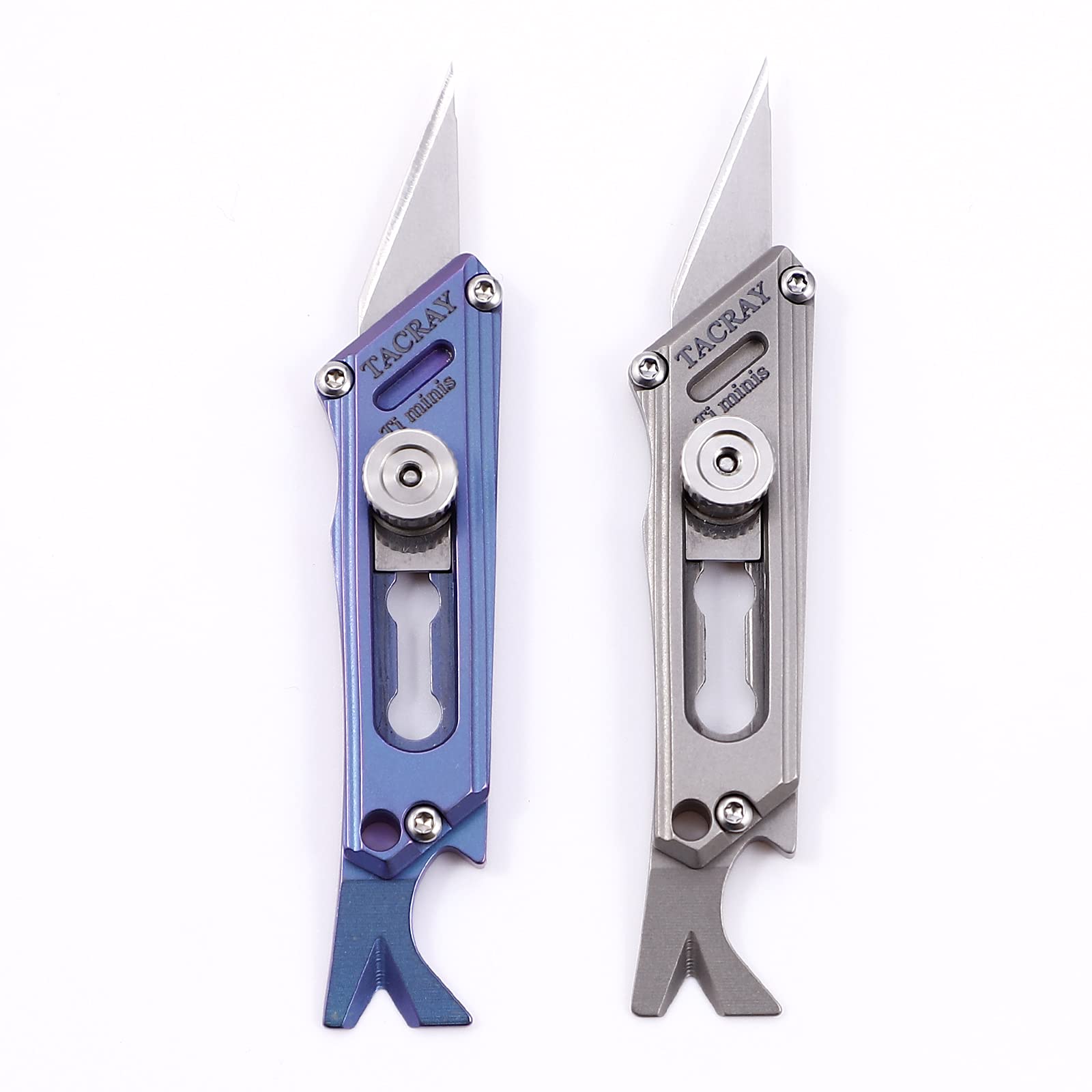 Tacray Titanium EDC Utility Knife with a bottle opener and in the tail, Pocket Knife Box Cutter with Retractable and Replaceable Blade, Mini Knife for Multiple Cutting Tasks（Blue)