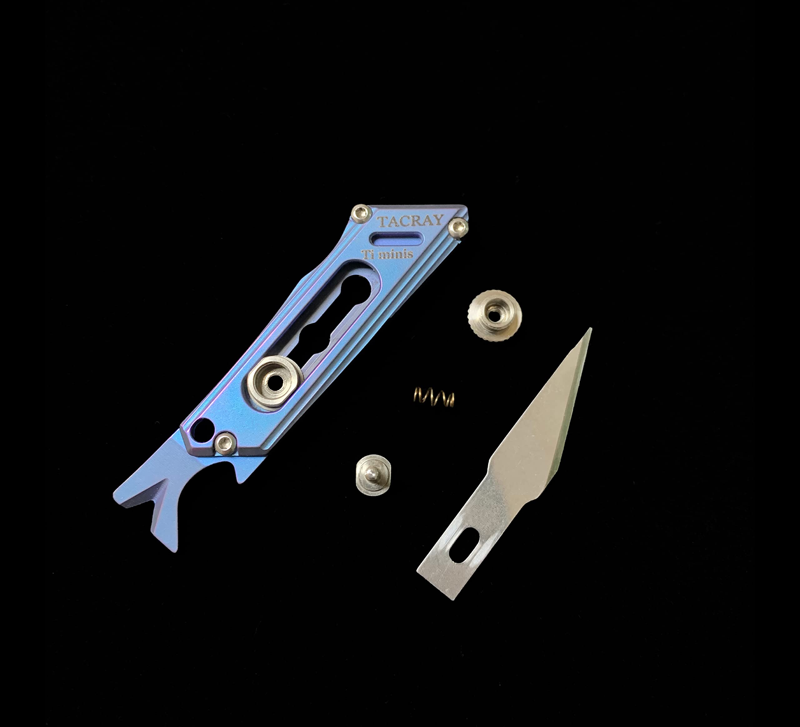 Tacray Titanium EDC Utility Knife with a bottle opener and in the tail, Pocket Knife Box Cutter with Retractable and Replaceable Blade, Mini Knife for Multiple Cutting Tasks（Blue)