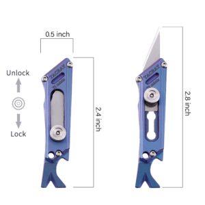 Tacray Titanium EDC Utility Knife with a bottle opener and in the tail, Pocket Knife Box Cutter with Retractable and Replaceable Blade, Mini Knife for Multiple Cutting Tasks（Blue)