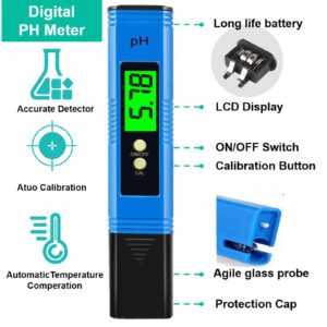 PH Tester Digital PH Meter, Hofun Professional PH Pen with 0.01 PH High Accuracy, 0-14 PH Measurement Range, Ideal Water PH Tester for Household Drinking, Pool and Aquarium(Blue)