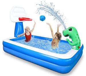 inflatable pool, kiddie pool with basketball hoop and dinosaur sprinkler, swimming pool for kids boys girls age 3+ year old, kid pool for backyard water party