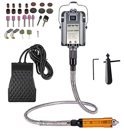 VOTOER 1000W Rotary Tool Flex Shaft Electric Hanging Grinder Carver, Forward and Reverse Rotation, Multi-Function Metalworking Jewelry Repair Kit, Foot Pedal Control, Metal Flexible Shaft, 30000 RPM